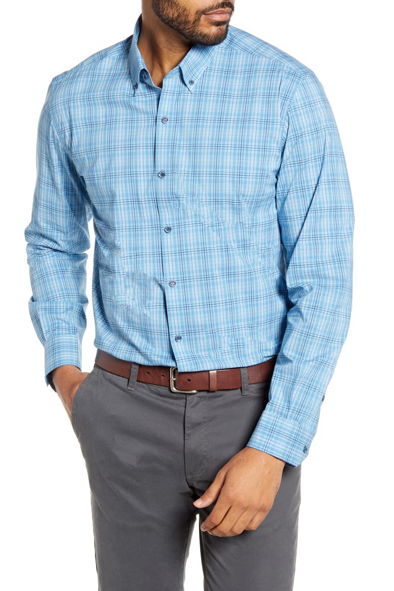 Soar Classic Fit Plaid Performance Button-Down Shirt, Main, color, CHAMBERS