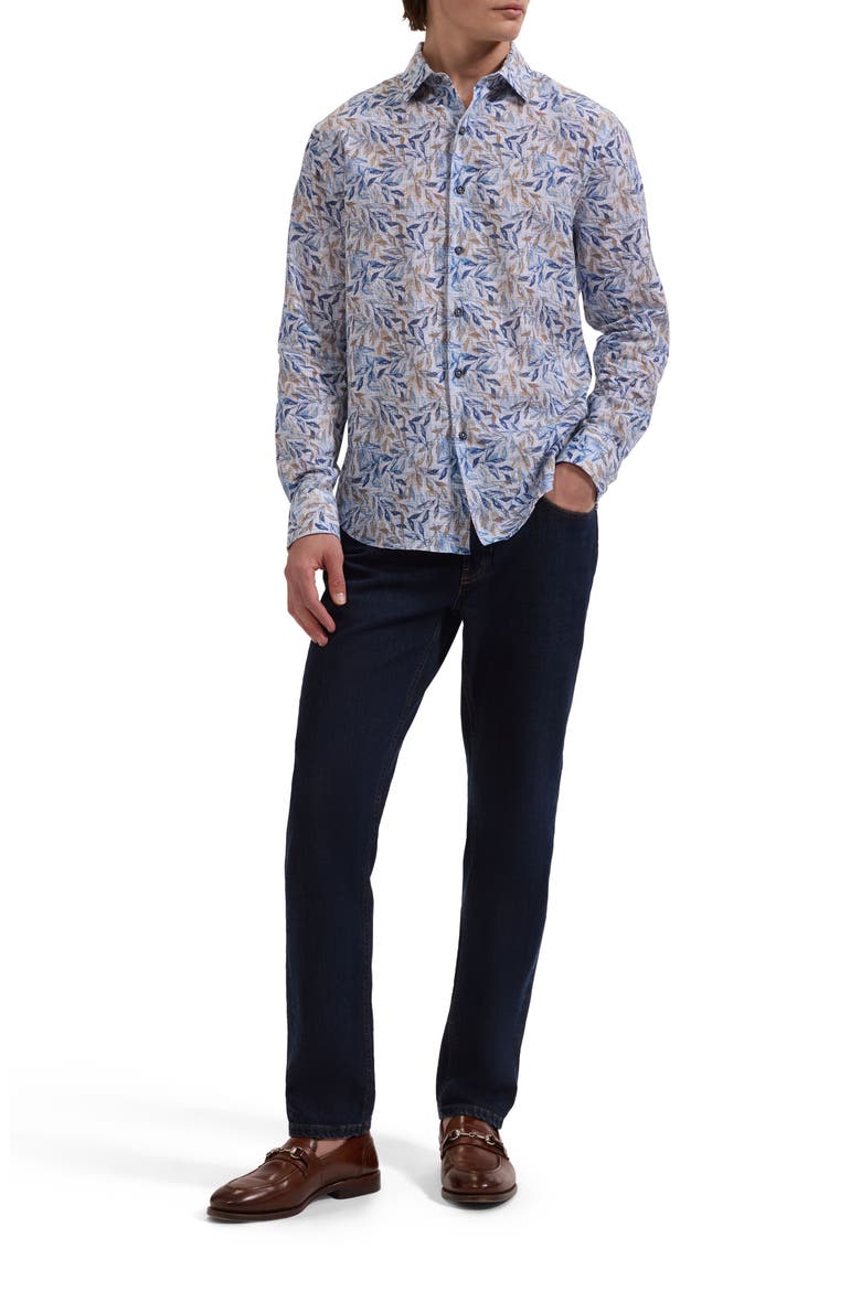 Julian Shaped Fit Leaf Print Cotton & Linen Button-Up Shirt, Alternate, color, COBALT
