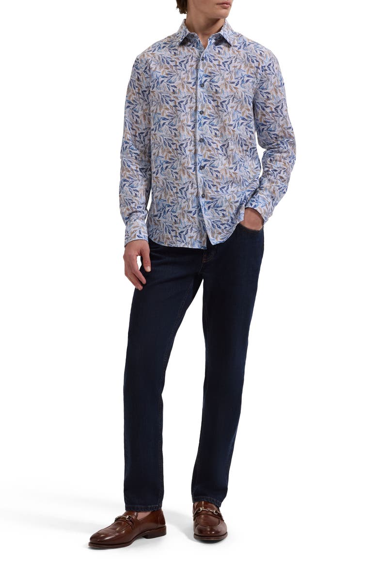 Bugatchi Julian Shaped Fit Leaf Print Cotton & Linen Button-Up Shirt, Alternate, color, Cobalt