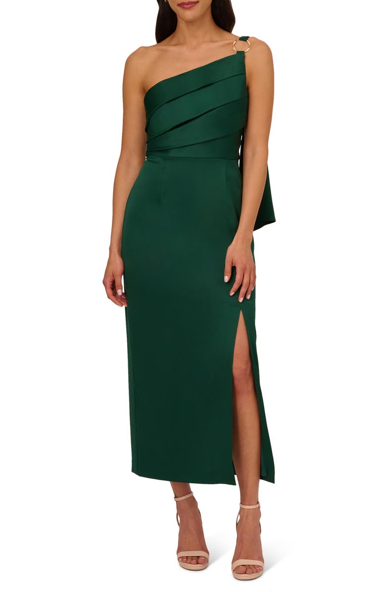Adrianna Papell Pleat One-Shoulder Crepe Cocktail Dress, Main, color, Deep Forest