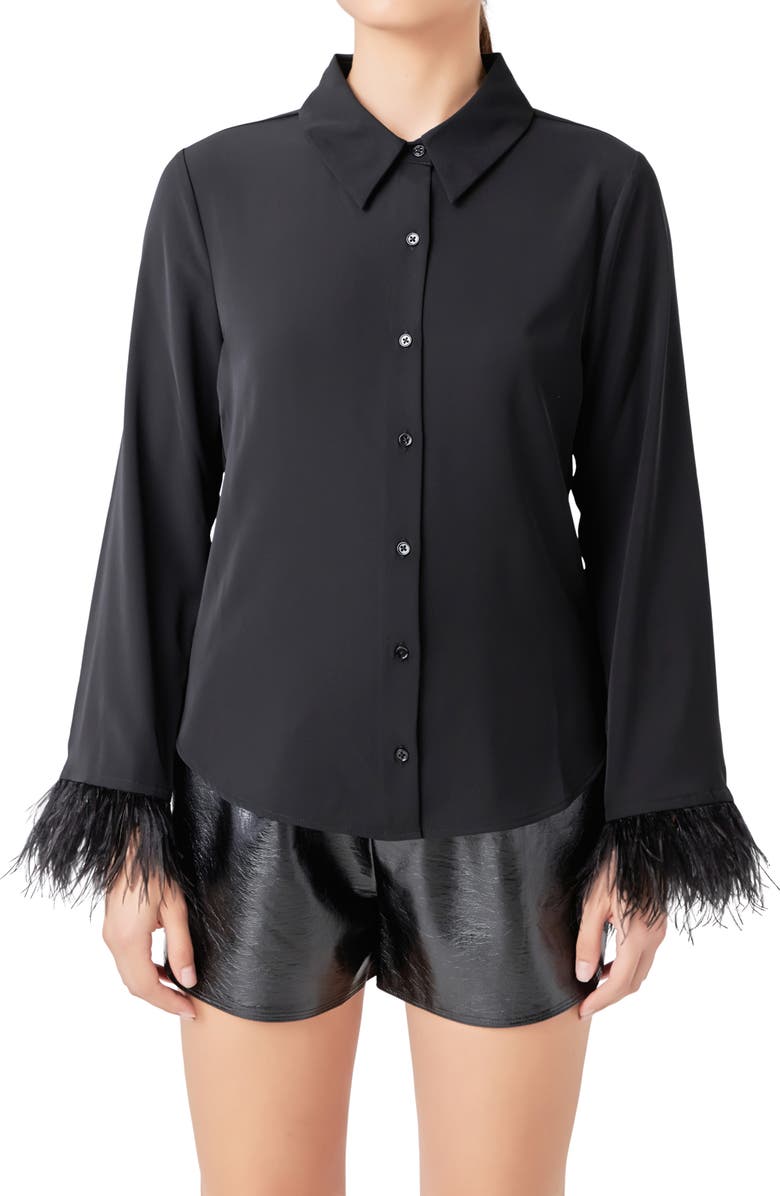 Endless Rose Faux Feather Trim Button-Up Blouse, Alternate, color,