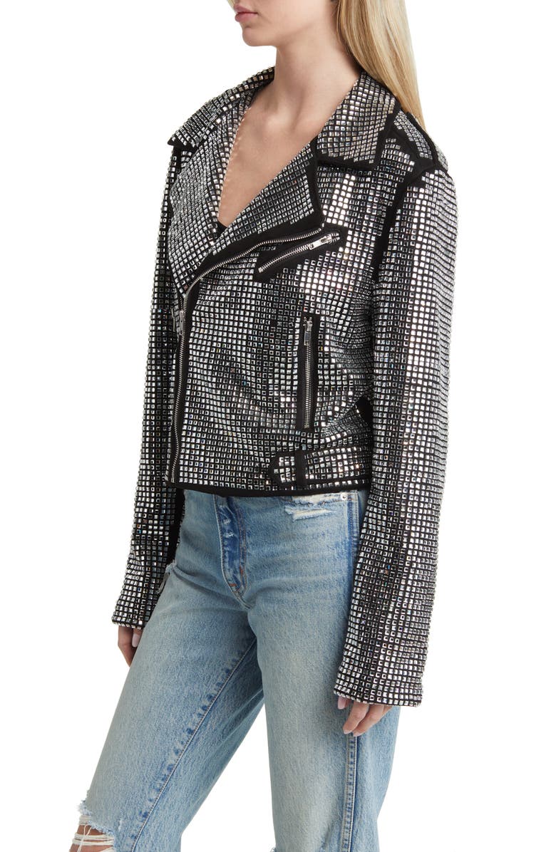 AZALEA WANG Rhinestone Moto Jacket, Alternate, color, Black