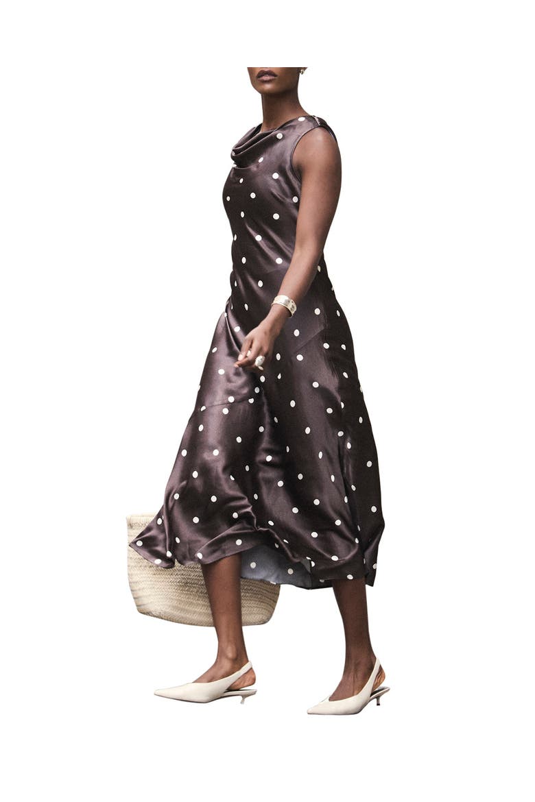 Satin Polkadot Midi Dress, Alternate, color, Brown