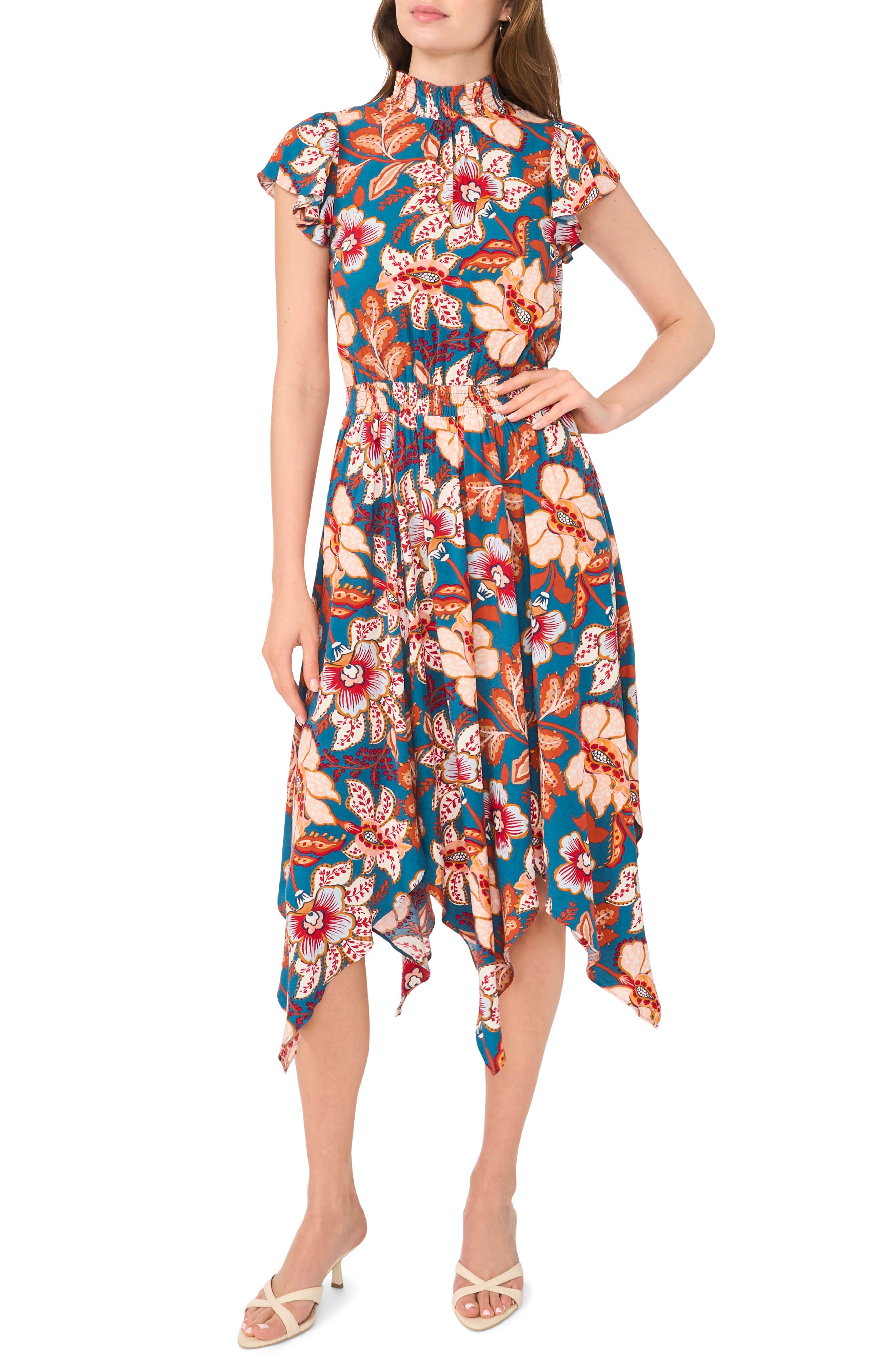 Smocked Waist Handkerchief Hem Midi Dress
