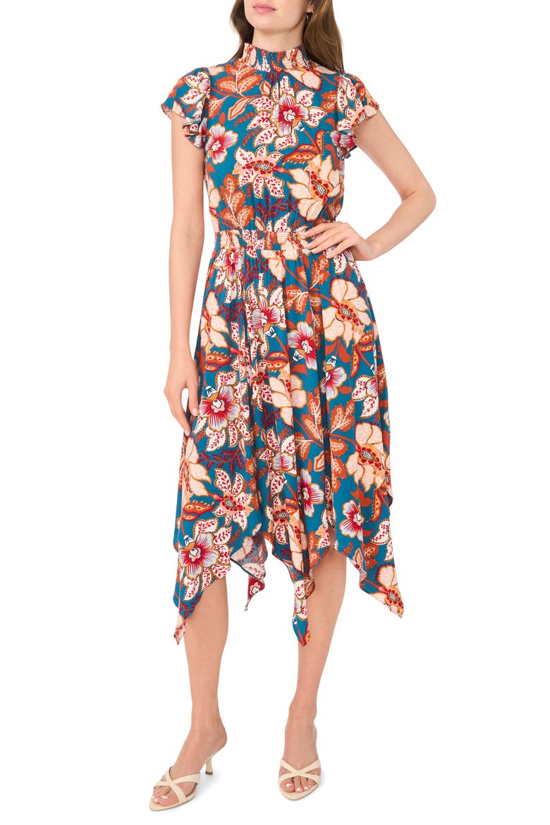 Smocked Waist Handkerchief Hem Midi Dress, Main, color, MALLARD BLUE