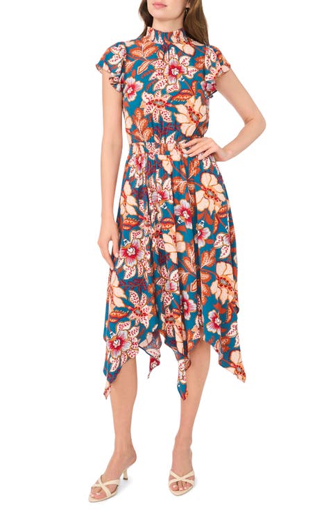 Smocked Waist Handkerchief Hem Midi Dress