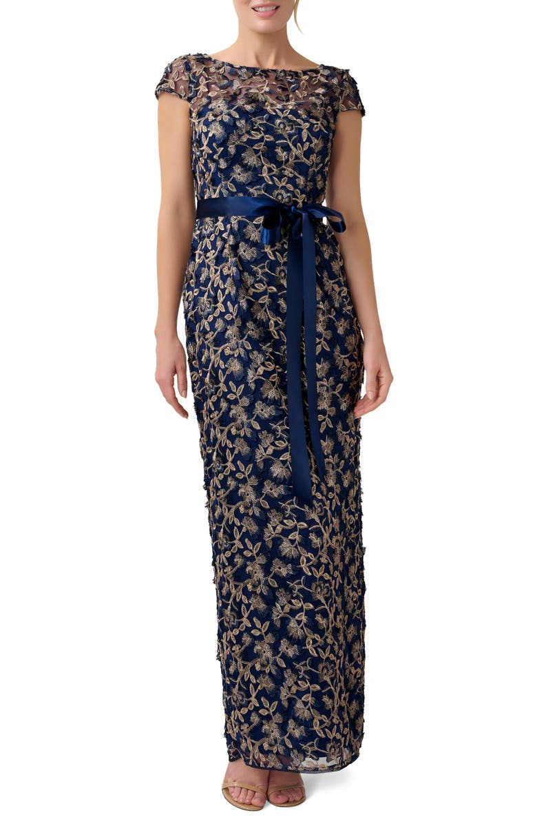 Adrianna Papell Floral 3D Embroidery Column Gown, Main, color, 
