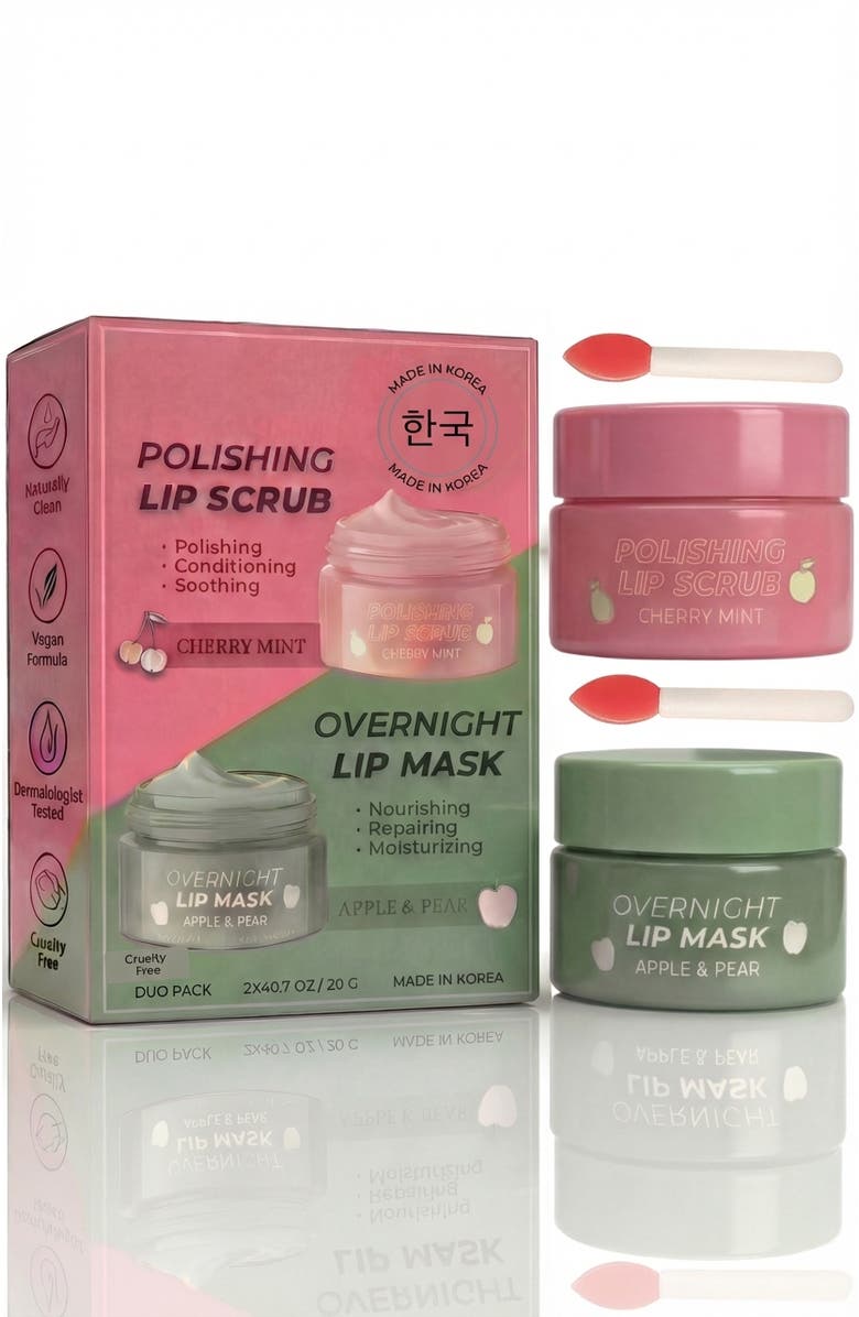 Lovery Korean Lip Care Duo Set - Cherry Mint Exfoliating Lip Scrub & Apple and Pear Overnight Lip Mask, Main, color, Red And Green