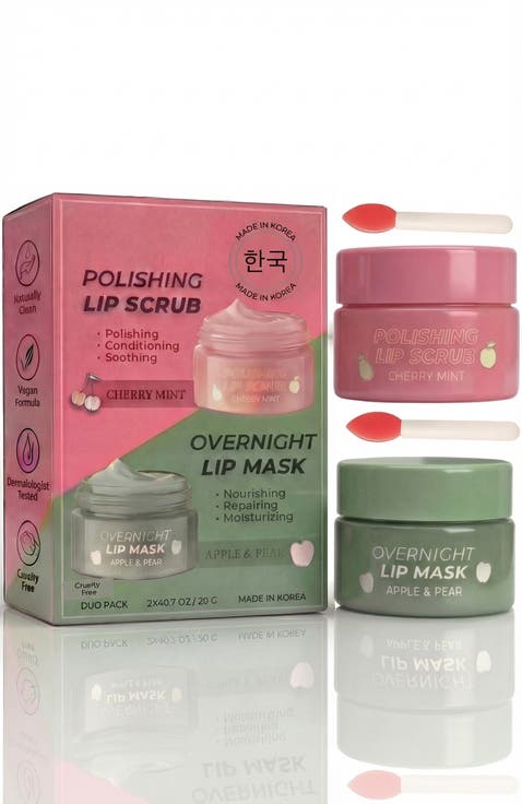 Korean Lip Care Duo Set - Cherry Mint Exfoliating Lip Scrub & Apple and Pear Overnight Lip Mask