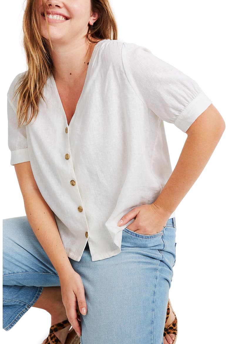 Plaza Button Front Linen Blend Shirt, Alternate, color, EYELET WHITE