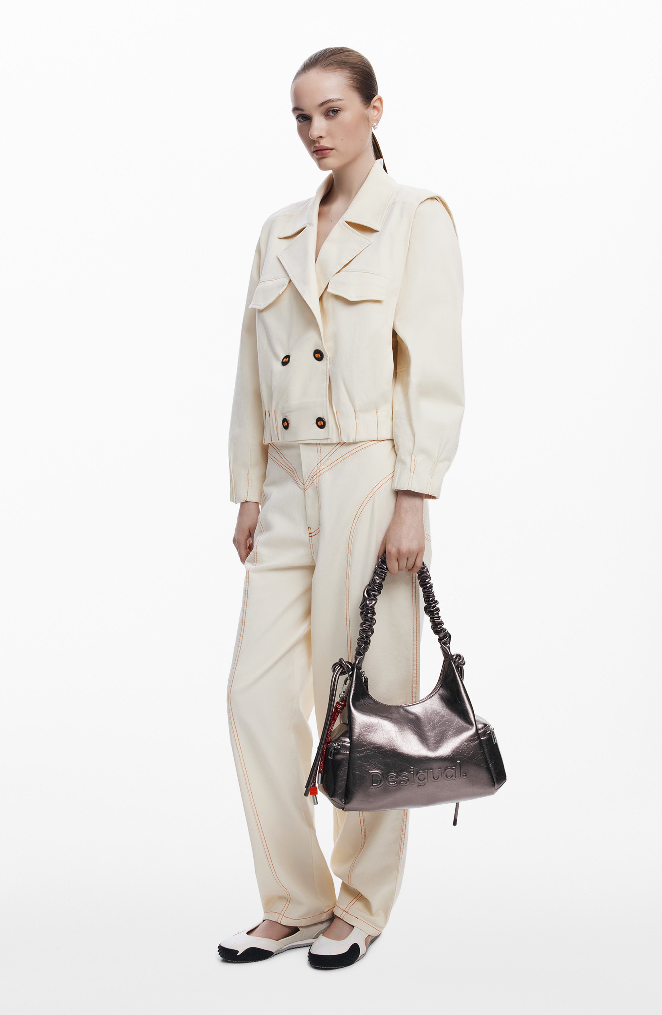 Desigual Medium Metallic Faux Leather 3D Logo Shoulder Bag, Alternate, color, Silver