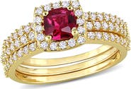 DELMAR Lab Created White Sapphire & Lab Created Ruby Stackable Ring Set