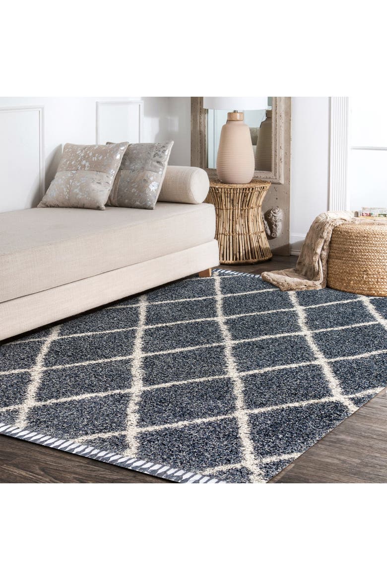 Mercer Shag Plush Tassel Moroccan Geometric Trellis Denim Area Rug, Alternate, color, Denim Blue/Cream