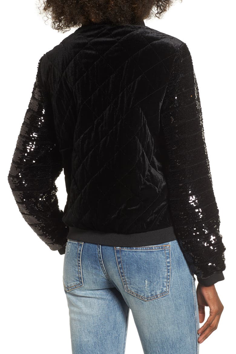 Quilted Sequin & Velvet Bomber, Alternate, color, BLACK