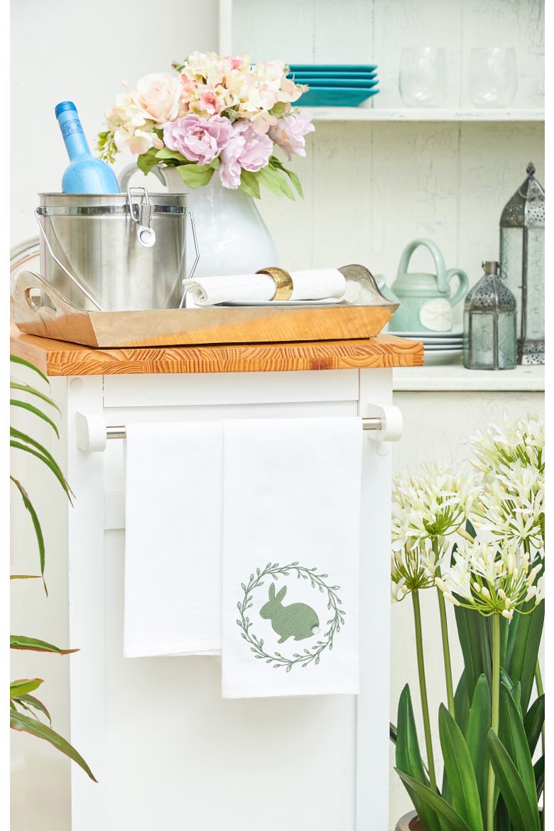 Spring Greens Bunny Rabbit w/ Spring Wreath Design Flour Sack Cotton Kitchen Dishtowel, Alternate, color, Green