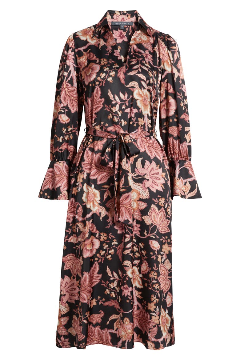 Long Sleeve Tie Belt Satin Midi Shirtdress, Alternate, color, BLACK MULTI