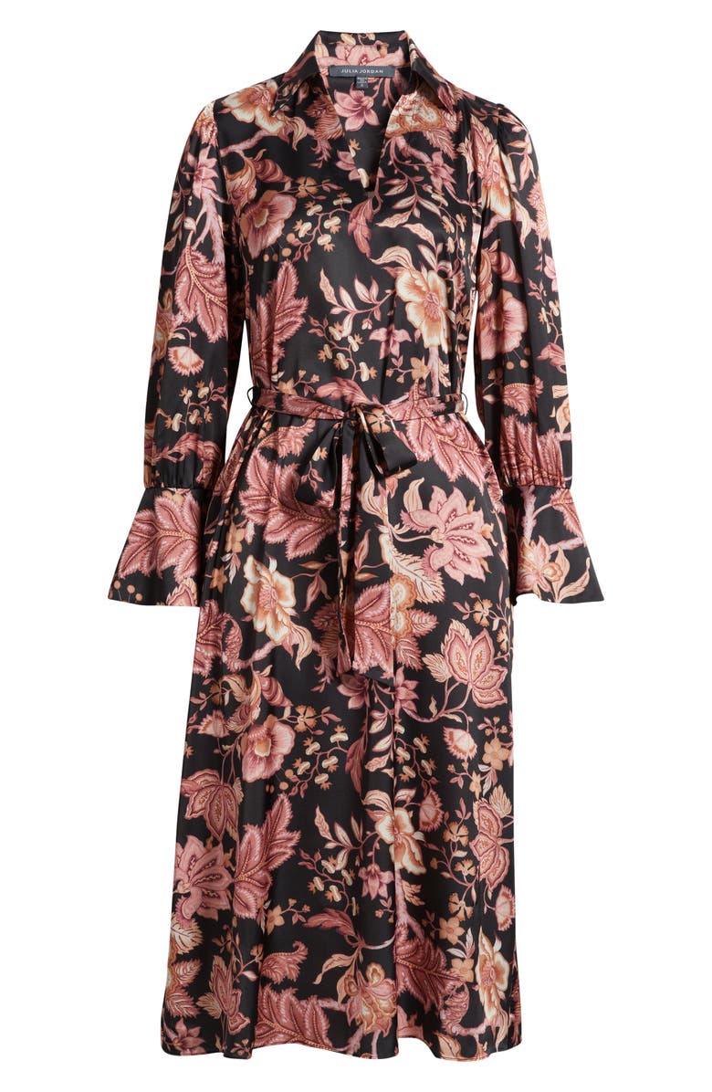 Julia Jordan Long Sleeve Tie Belt Satin Midi Shirtdress, Alternate, color, Black Multi