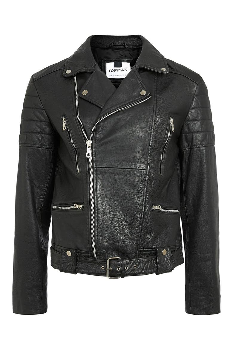Washed Leather Moto Jacket with Waist Belt, Alternate, color, BLACK
