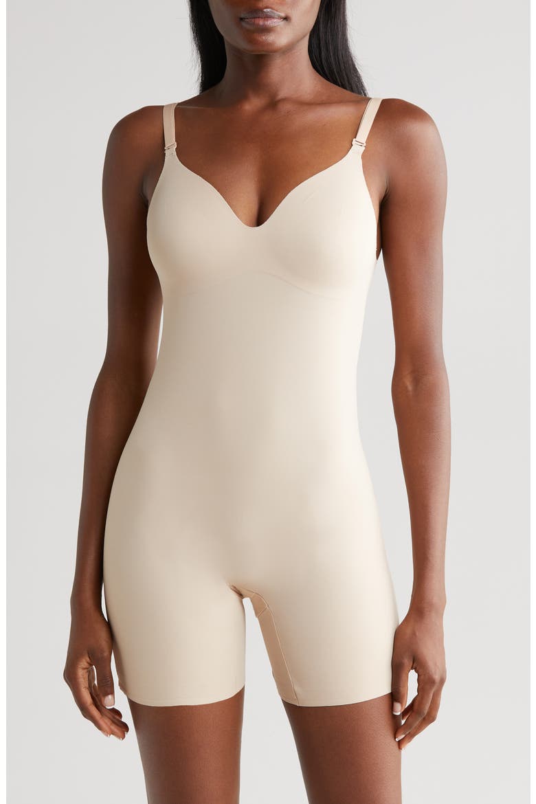 Dress Rehearsal Low Back Shaping Romper, Main, color, WARM BEIGE