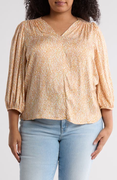 Dot Print Balloon Sleeve Top (Plus)