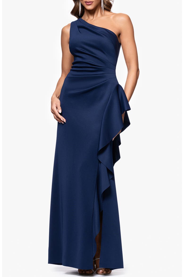 One-Shoulder Ruffle Scuba Crepe Gown, Main, color, MIDNIGHT