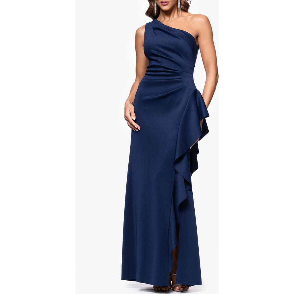 Xscape Evenings One-shoulder Ruffle Scuba Crepe Gown In Midnight