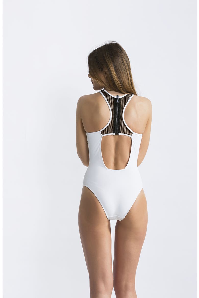 Piqué High-Neck Mesh-Panel One-Piece Swimsuit, Alternate, color, White