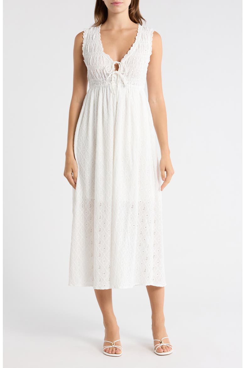 Tie Front Sleeveless Smocked Midi Dress, Main, color, WHITE
