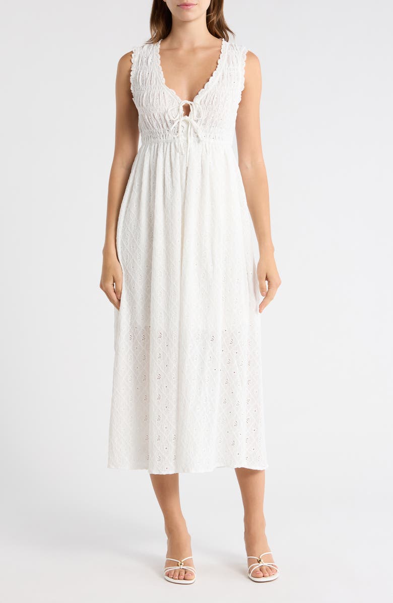 Lush Tie Front Sleeveless Smocked Midi Dress, Main, color, White