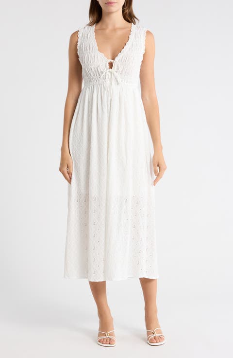 Tie Front Sleeveless Smocked Midi Dress