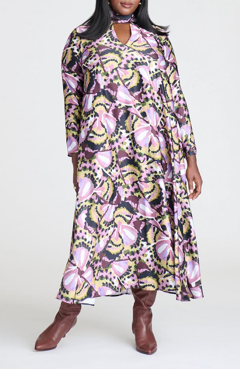 ELOQUII Butterfly Print Mock Neck Long Sleeve Maxi Dress, Main, color,