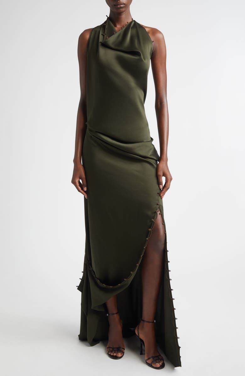 Victoria Beckham Rouleaux Trim Draped Satin Gown, Main, color, Dark Olive