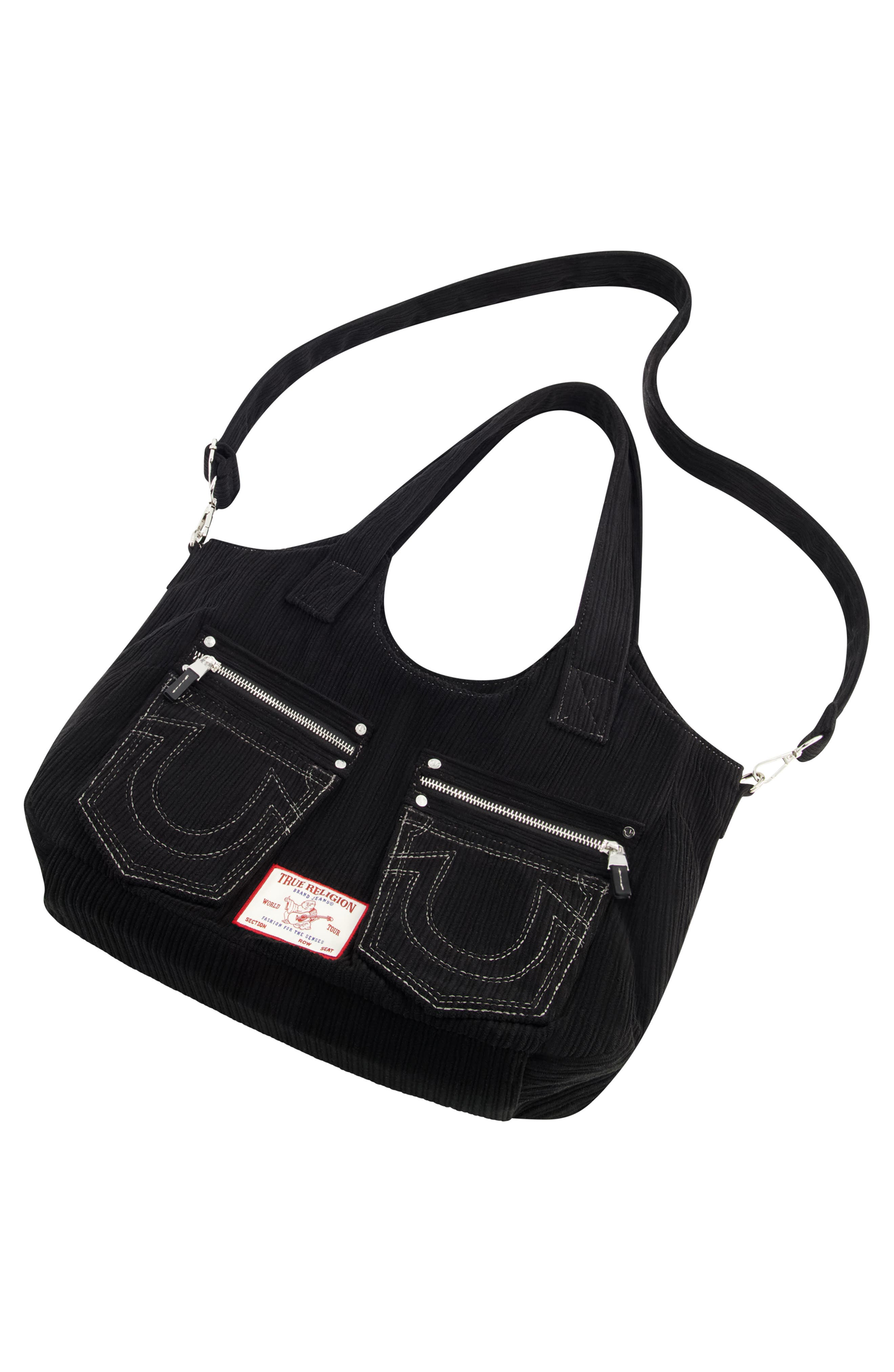 True Religion Horseshoe Stitch Corduroy Satchel, Alternate, color, Black