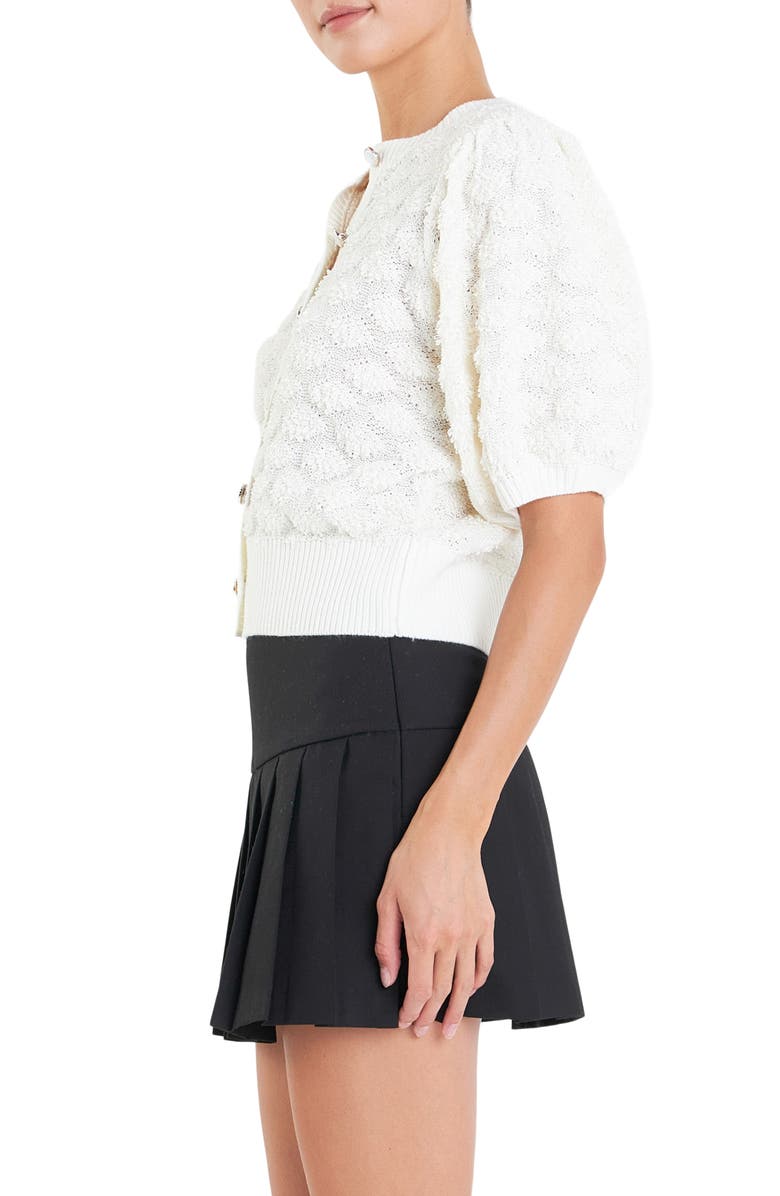 English Factory Textured Puff Sleeve Cardigan, Alternate, color, Ivory