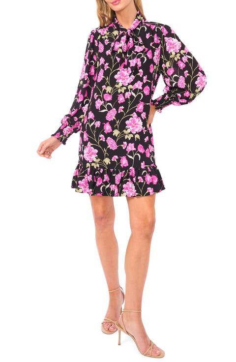 Floral Tie Neck Long Sleeve Dress