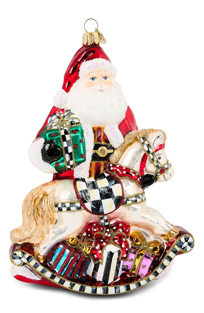 MACKENZIE CHILDS Santa with Rocking Horse Glass Ornament, Main, color, Red