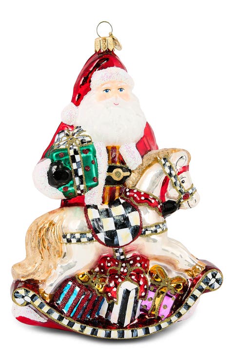 Santa with Rocking Horse Glass Ornament