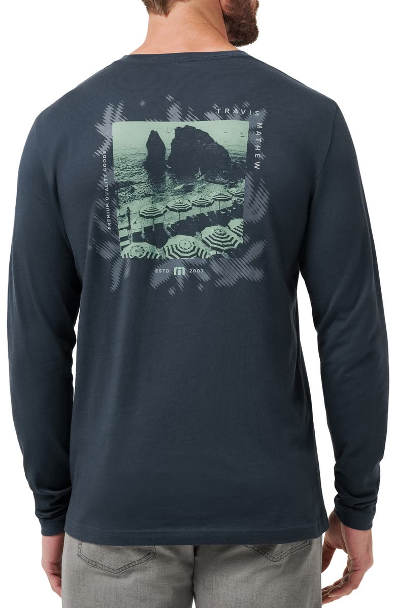 TravisMathew Favorite Place Long Sleeve Cotton Graphic Pocket T-Shirt, Alternate, color, Total Eclipse