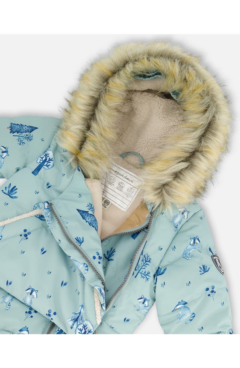 Deux par Deux Baby Boy's One Piece Baby Hooded Snowsuit Sage Printed Racoons Designed For Car Seat, Alternate, color, 