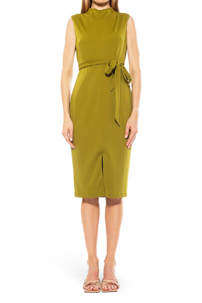Mock Neck Belted Sheath Dress, Main, color, CHARTREUSE