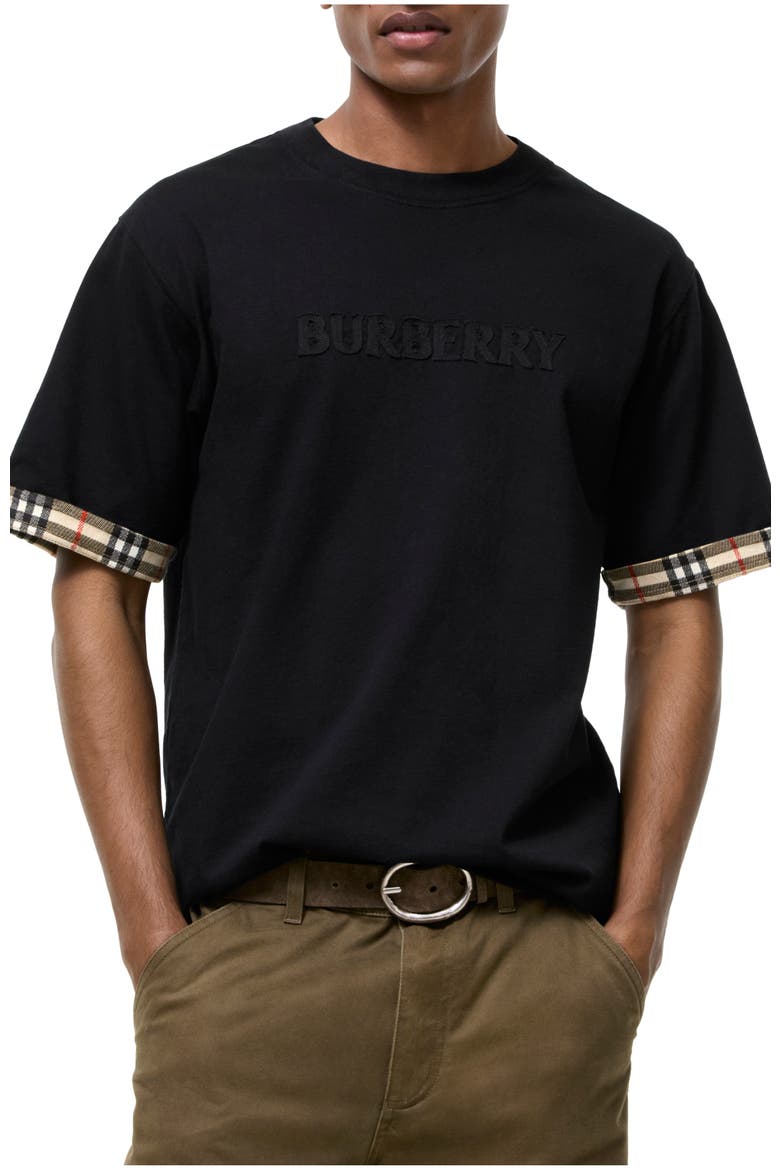 Check Trim Cotton T-shirt, Main, color, Black
