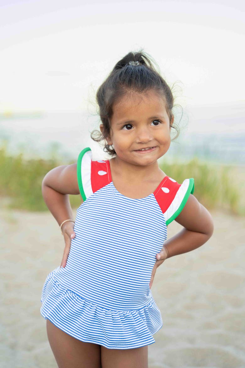 Seersucker Swimsuit with Watermelon, Alternate, color, Royal/White