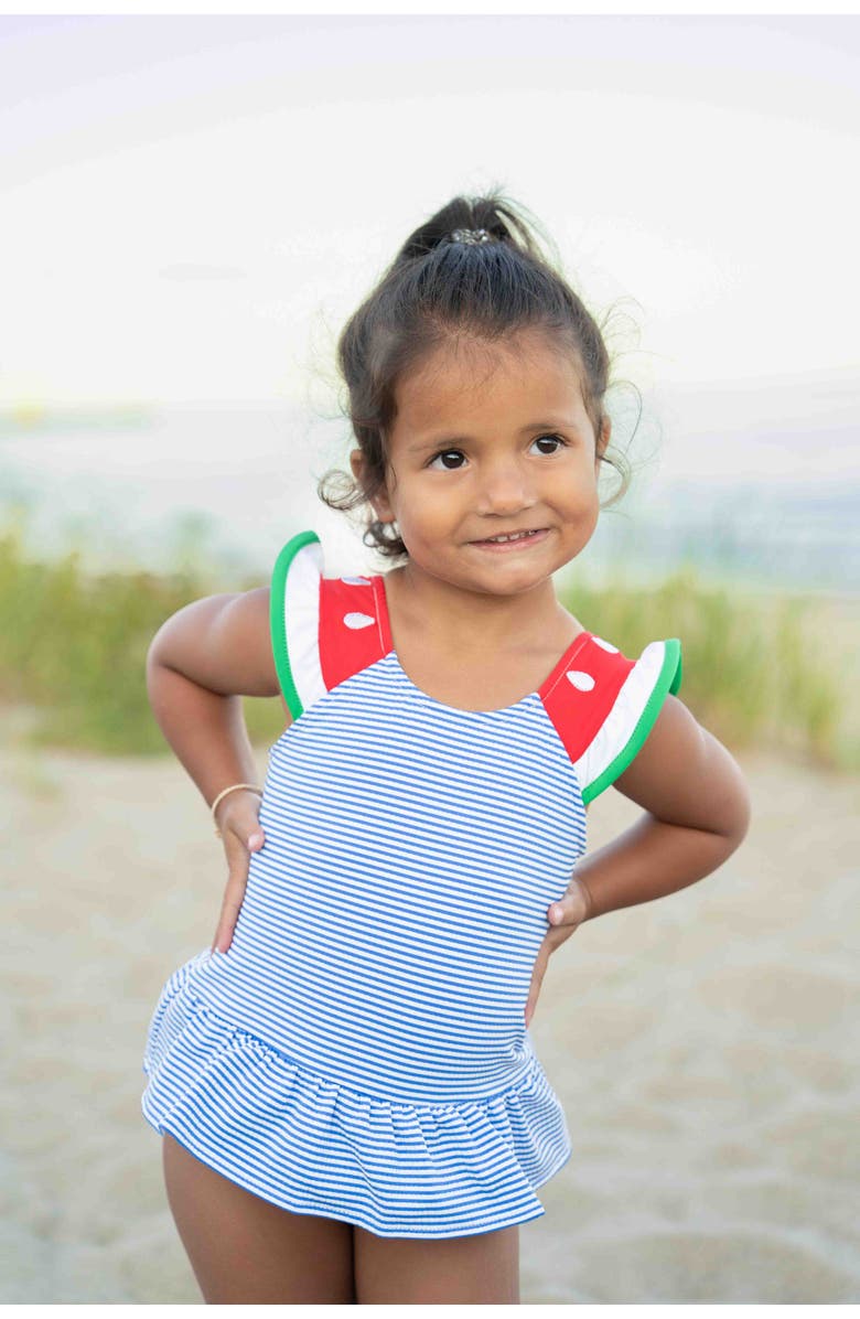 Florence Eiseman Seersucker Swimsuit with Watermelon, Alternate, color, Royal/White