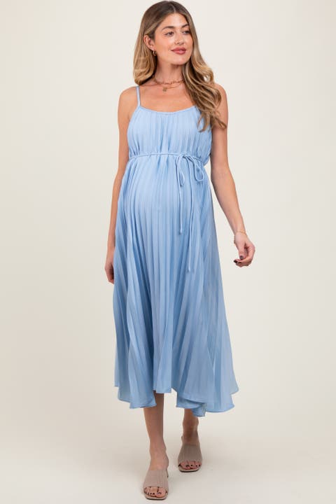 Pleated Sash Tie Midi Dress