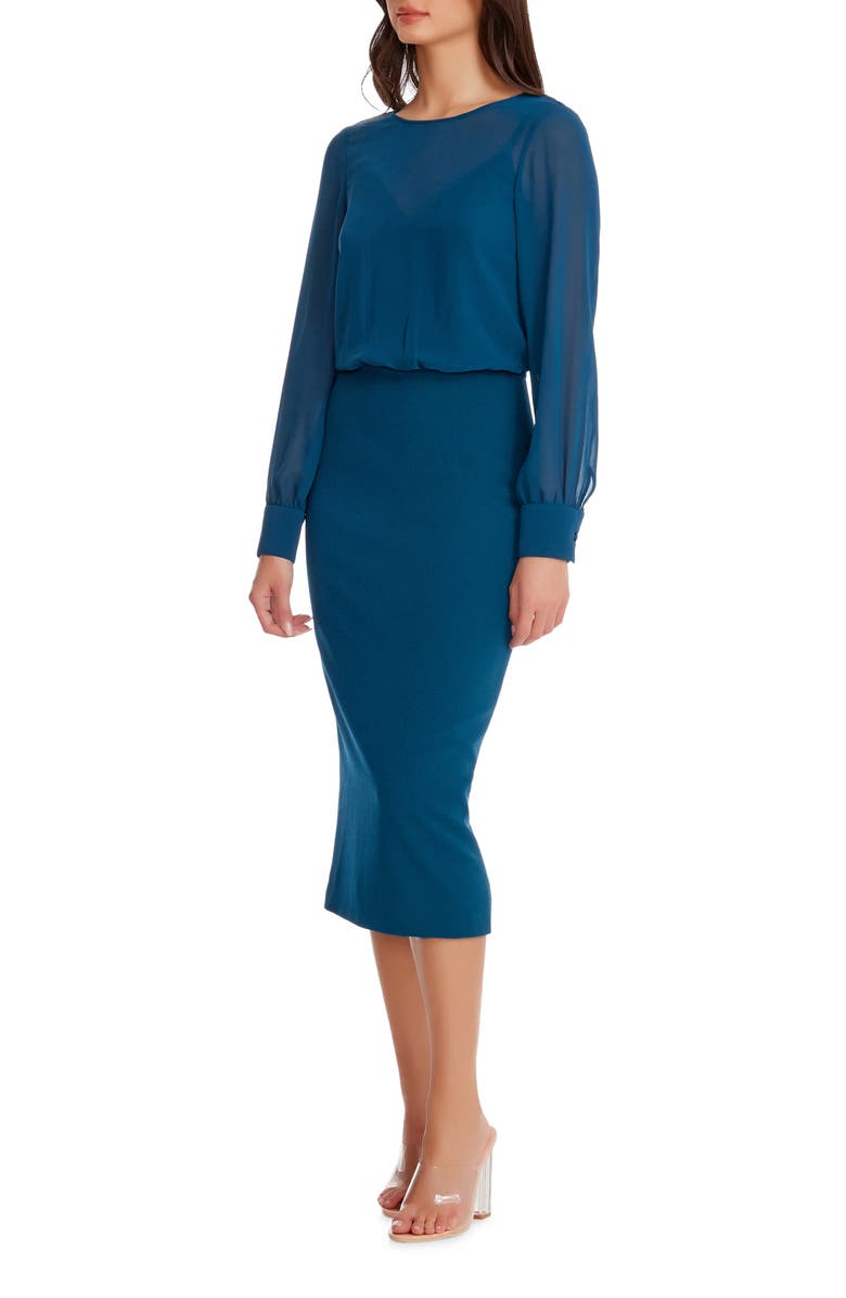 Dress the Population Pilar Mixed Media Long Sleeve Dress, Alternate, color, Peacock Blue