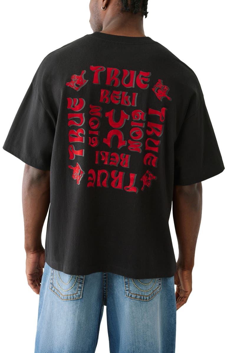 True Religion Boxy Flocked Graphic T-Shirt, Alternate, color, Jet Black