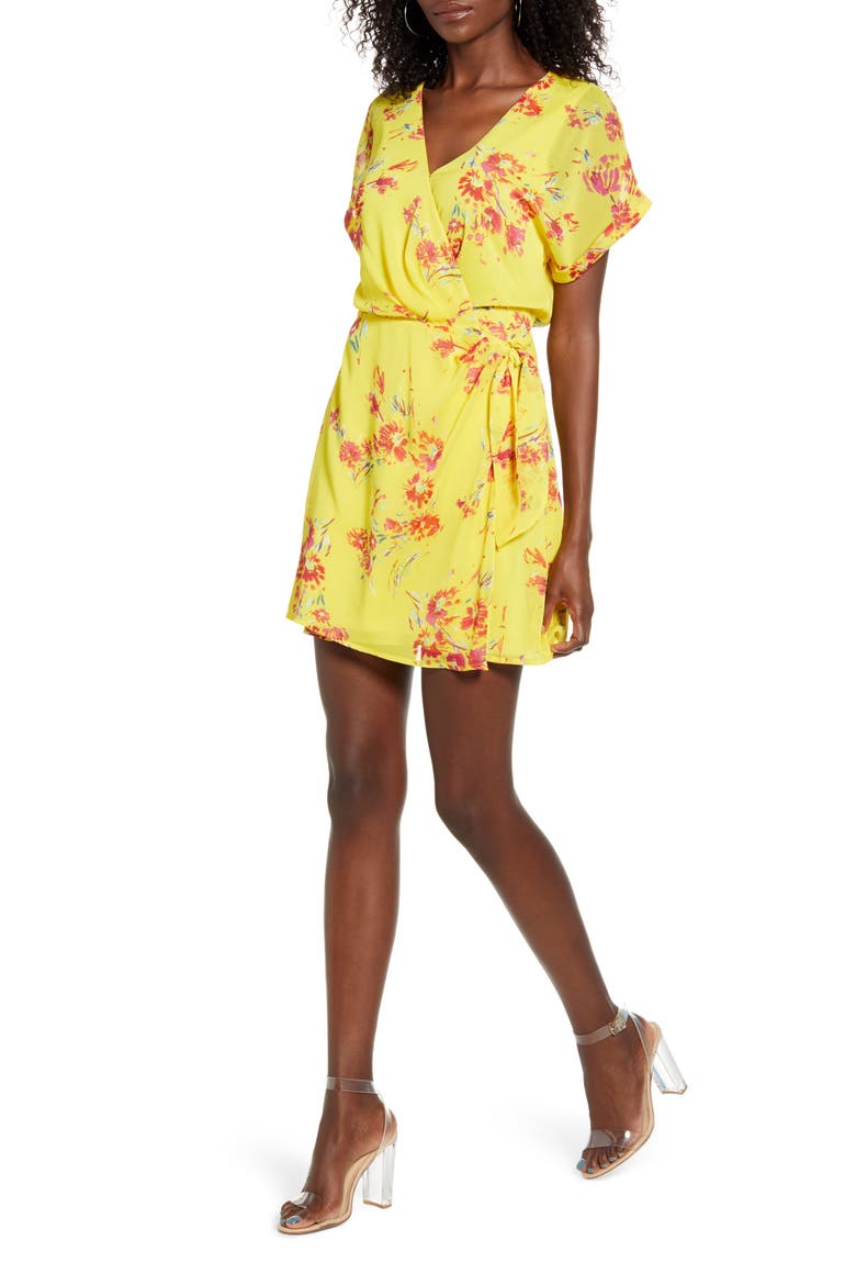 Simone Floral Wrap Front Minidress, Main, color, MUSTARD-RED FLORAL