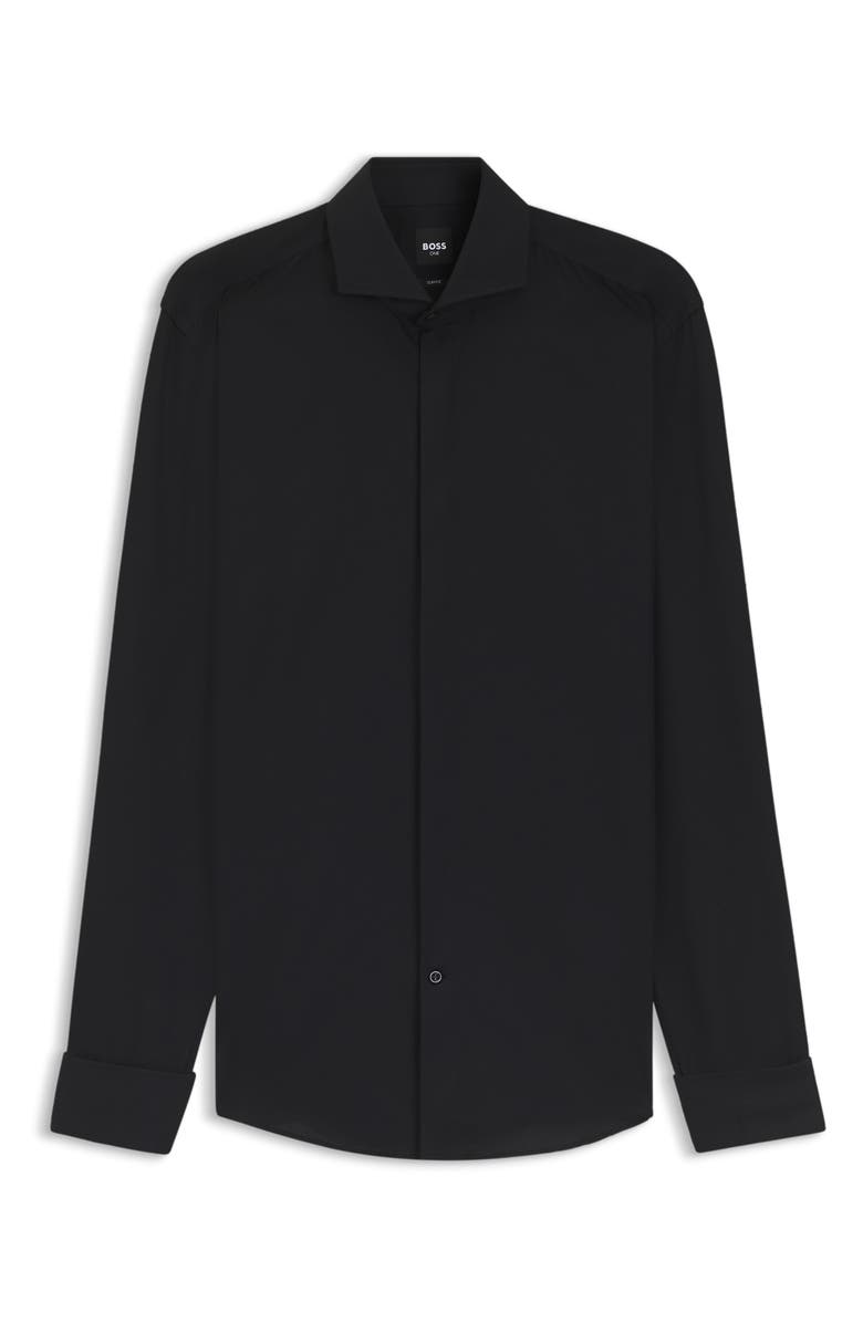 BOSS Hank Slim Fit Wrinkle Resistant Black Cotton Tuxedo Shirt, Alternate, color, Black