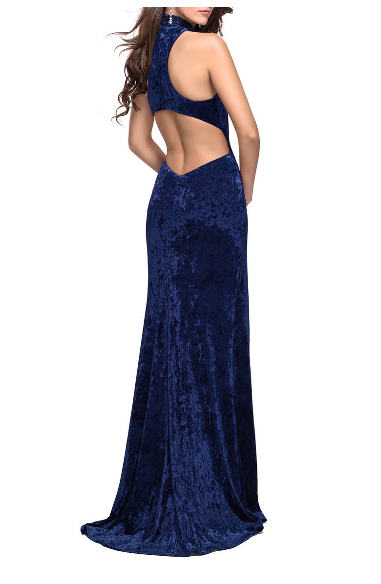La Femme Long Crushed Velvet Prom Dress with Beaded Choker, Alternate, color, Navy