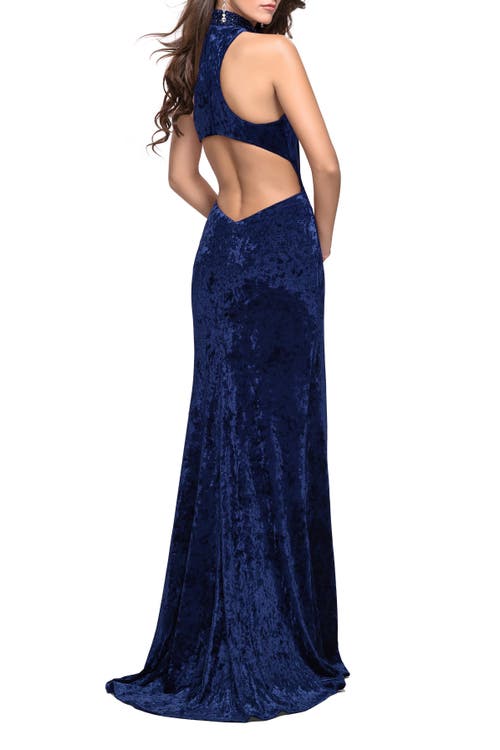 La Femme Long Crushed Velvet Prom Dress With Beaded Choker In Navy